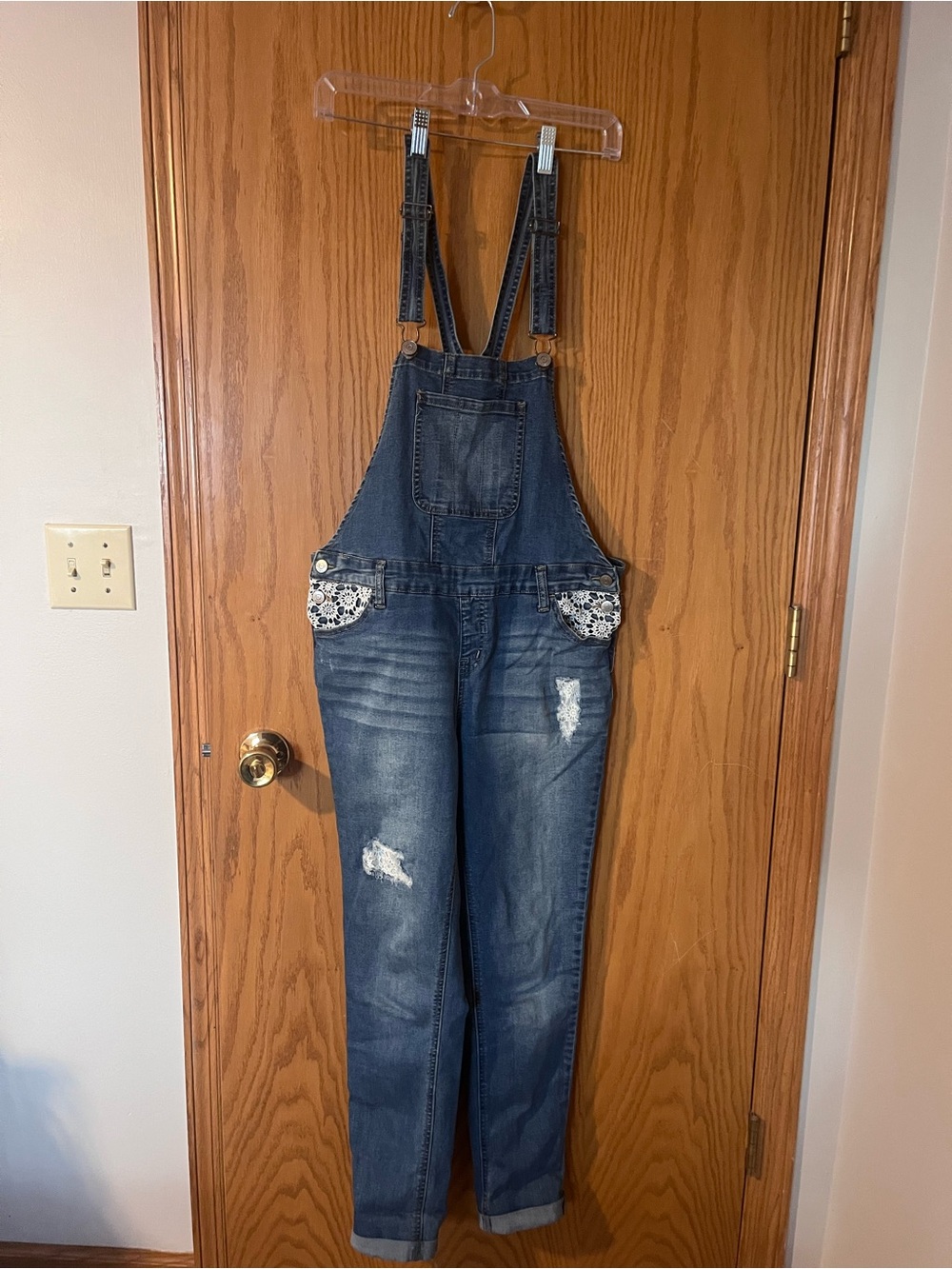 Justice Distressed Blue Denim Overalls with Patterned Pocket Accents